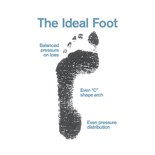 Ideal foot footprint showing balanced pressure on toes, even C-shape arch and even pressure distribution